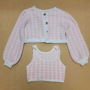 Pink Houndstooth Cardigan Crop Sweater & Tank Top Sz Small Cozy Cute Kawaii Y2K